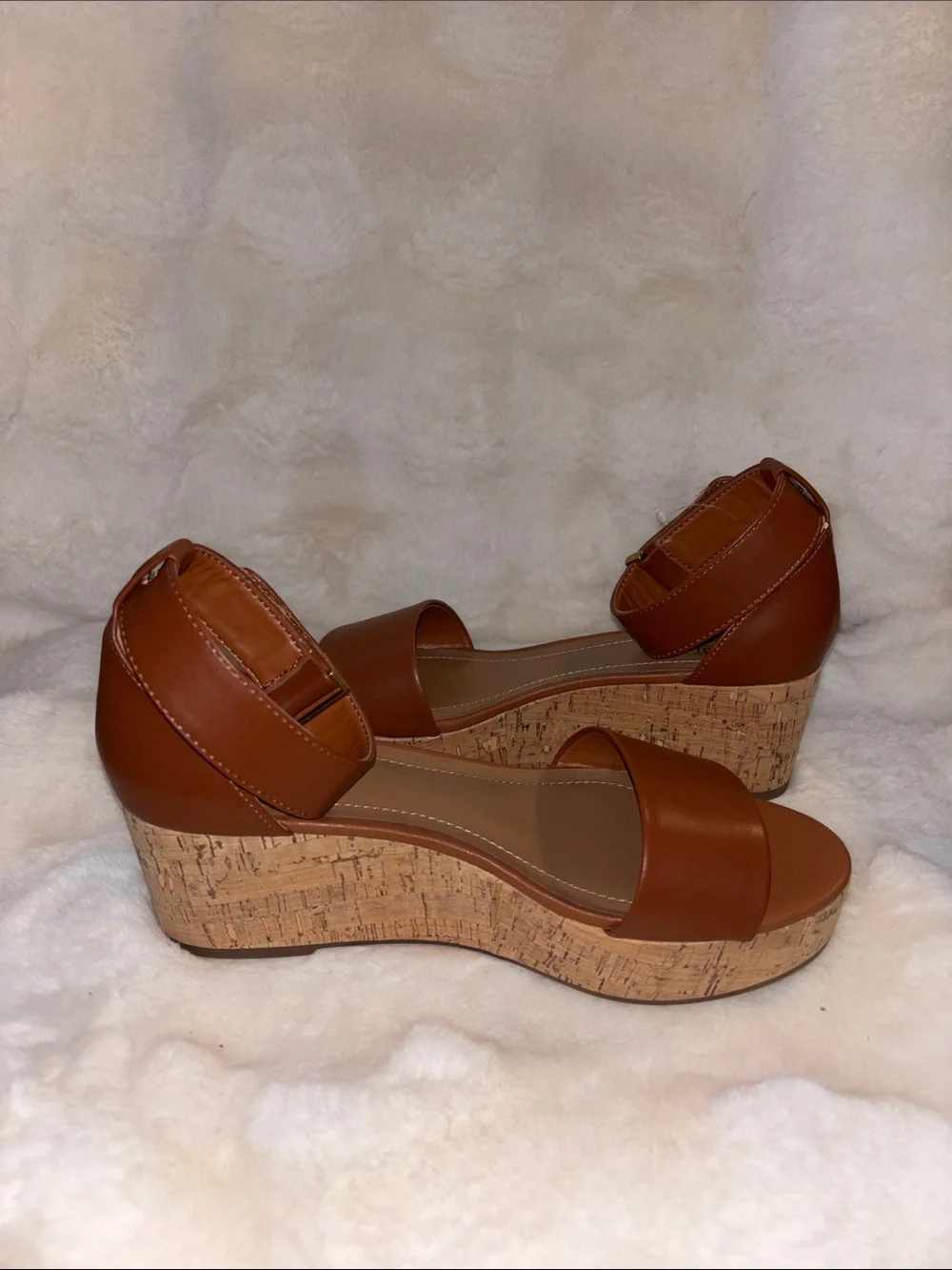 Franco Sarto Brown Cork Wedge Sandals with Ankle Strap